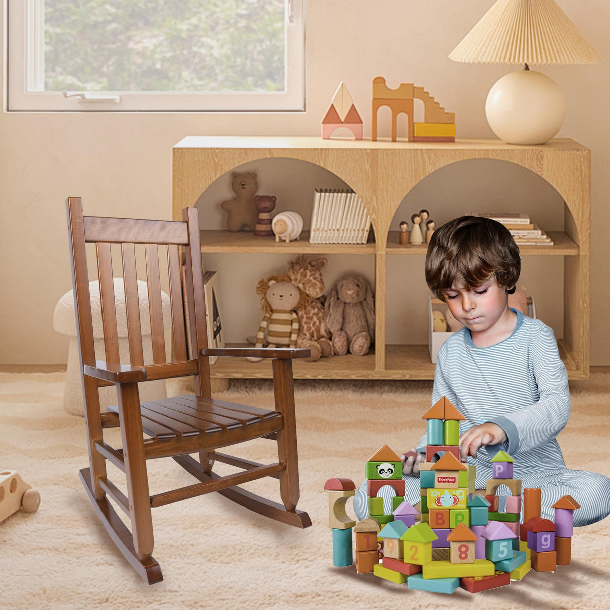 Hngilkoo Wooden Rocking Chair for Toddlers and Children Comfy Recliner Rocker for Baby Girls Outdoor Lounge Chair for Kids Age 6-10 Indoor Brown Hngilkoo