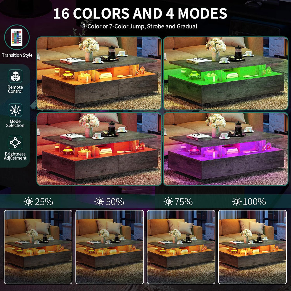 YITAHOME LED Coffee Tables for Living Room, Farmhouse Coffee Table with Storage 4 Drawers and Open Compartment, Modern Rectangle Coffee Tables Small Wood Tables for Home Decor, Office, Grey YITAHOME