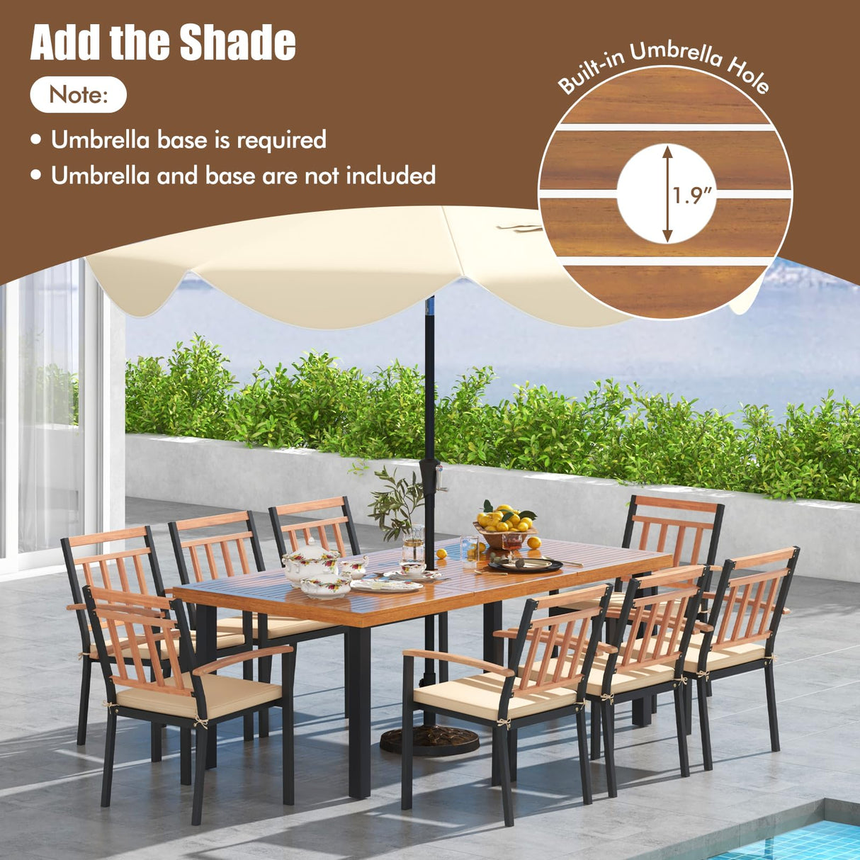 Tangkula 9 Pieces Patio Dining Set, Outdoor Acacia Wood Table and Chairs with Soft Cushions and 1.9” Umbrella Hole, Outdoor Patio Furniture Set for Garden, Deck and Backyard Tangkula