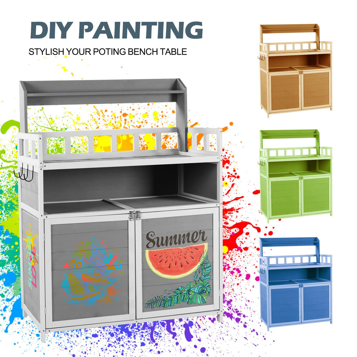 GRAVFORCE Outdoor Potting Bench Table, Garden Potting Benches for Outside Planting Work Bench Table Wooden Storage Plant Table Cabinet Gardening Table for Patio, Garden, Greenhouse, Backyard (Gray) GRAVFORCE