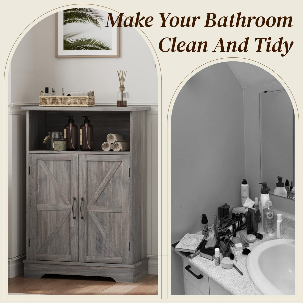 Smuxee Farmhouse Freestanding Cabinet Organizer with Barn Door and Adjustable Shelf, Wash Grey, for Bathroom, Kitchen, Living Room Smuxee