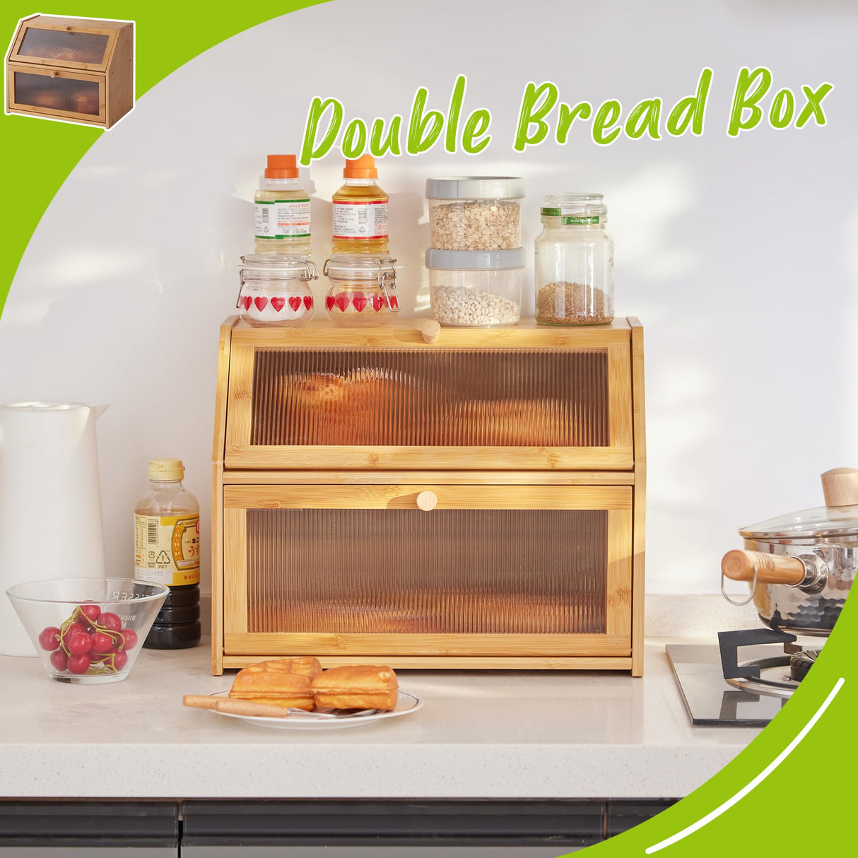 BMOSU Large Bread Box for Kitchen Countertop,Double Layer Bread Box for Kitchen Counter,Bamboo Wood Bread box Capacity Bin Kitchen Storage(Natural) BMOSU