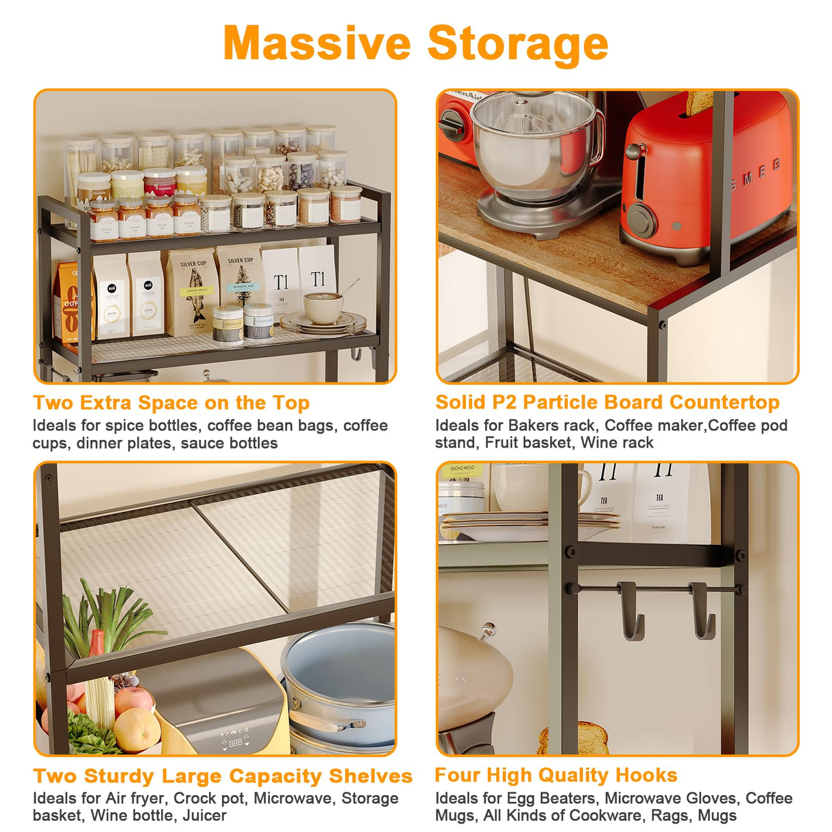 Roxibelt S1 Kitchen Bakers Rack with Power Outlet, Microwave Stand with Storage 5-Tiers, Freestanding Coffee Bar Table with 4 Hooks, Kitchen Storage Shelf 13" D x 22.9" W x 58.3" H, Rustic Brown Roxibelt