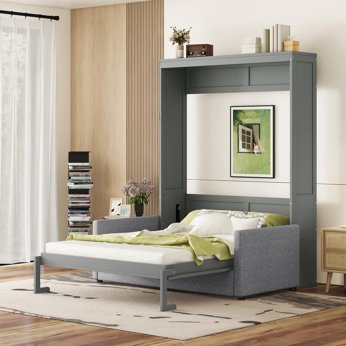P PURLOVE Queen Wood Murphy Bed with Sofa, Wall Bed Without Slats, No Box Spring Needed (Gray) P PURLOVE