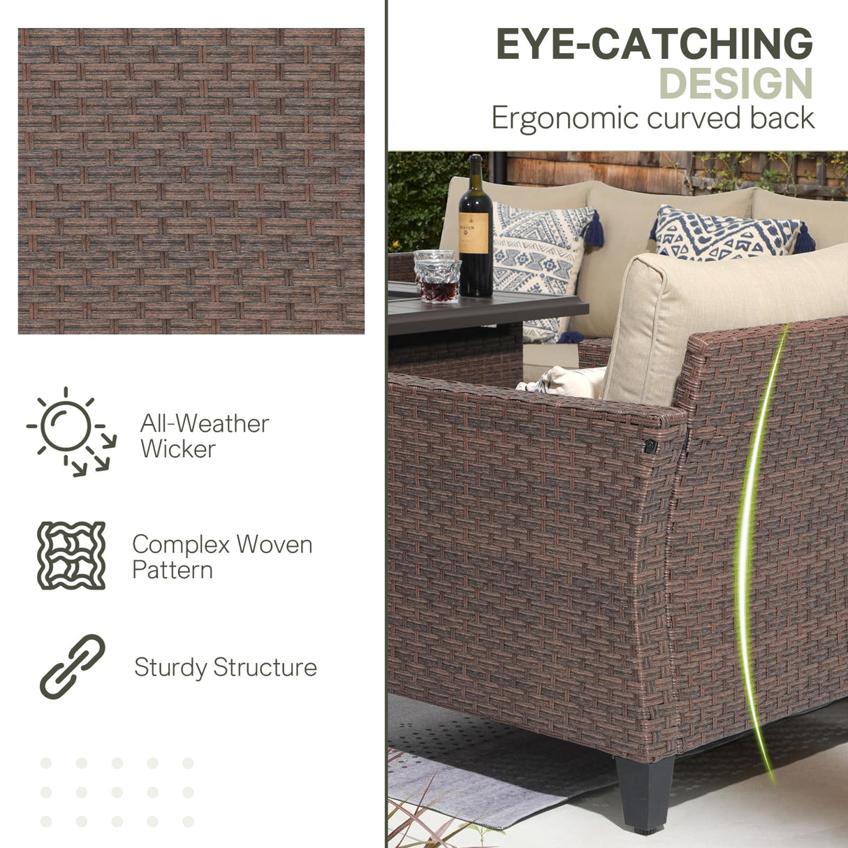 SUNSITT Outdoor Patio Furniture Set with Fire Pit Table 7 Piece Wicker Conversation Set with 43in Propane Firepit Sectional Dining Set 3 Seat Sofa Couch with Ottoman, Brown Wicker & Beige Cushion SUNSITT