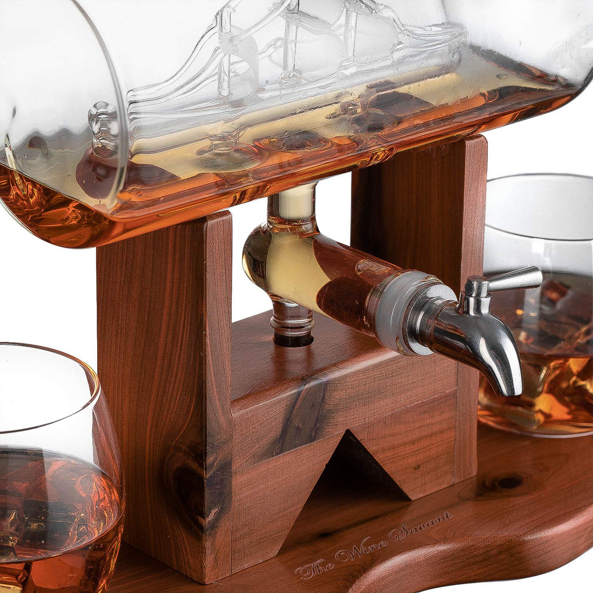 Whiskey Decanter Set, Liquor Dispenser for Home Bar, Crystal Glass - 1250ml Ship & 2 Whiskey Glasses Beautiful Stand, Gift for Dad, Husband or Boyfriend - The Wine Savant 100% Lead-Free The Wine Savant
