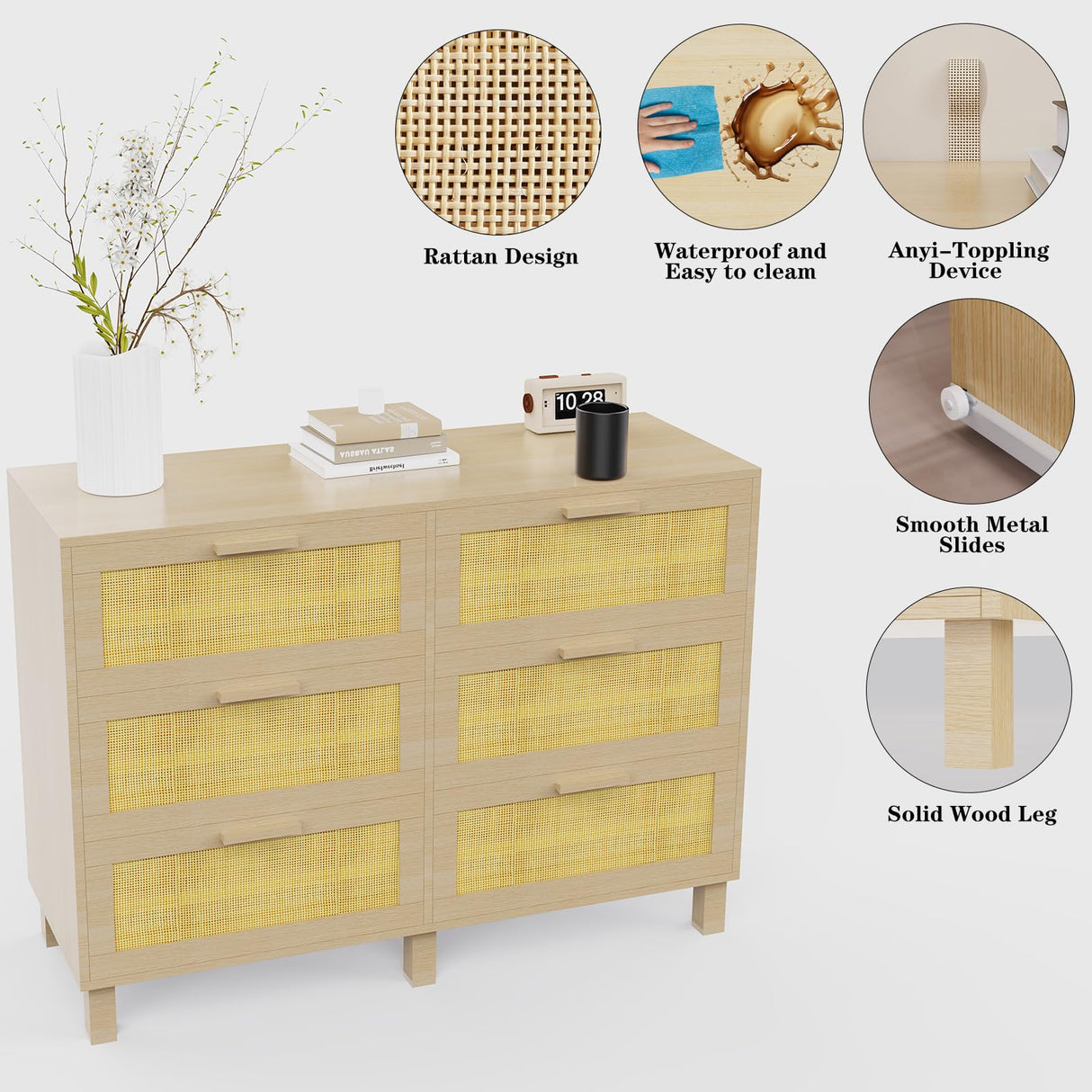 Derfullo 6 Drawers Dresser for Bedroom, Wood Rustic Wide Chest of Drawers, Storage Dressers Organizer for Bedroom, Living Room, Hallway Derfullo