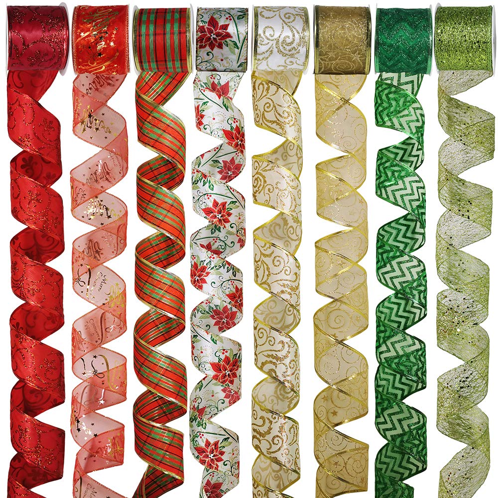 48 Yards Assorted Christmas Ribbons - Plaid, Bow, Wired, Mesh, Glitter, Tulle, Organza - 2.5" Wide For Wreaths, Garlands Winlyn