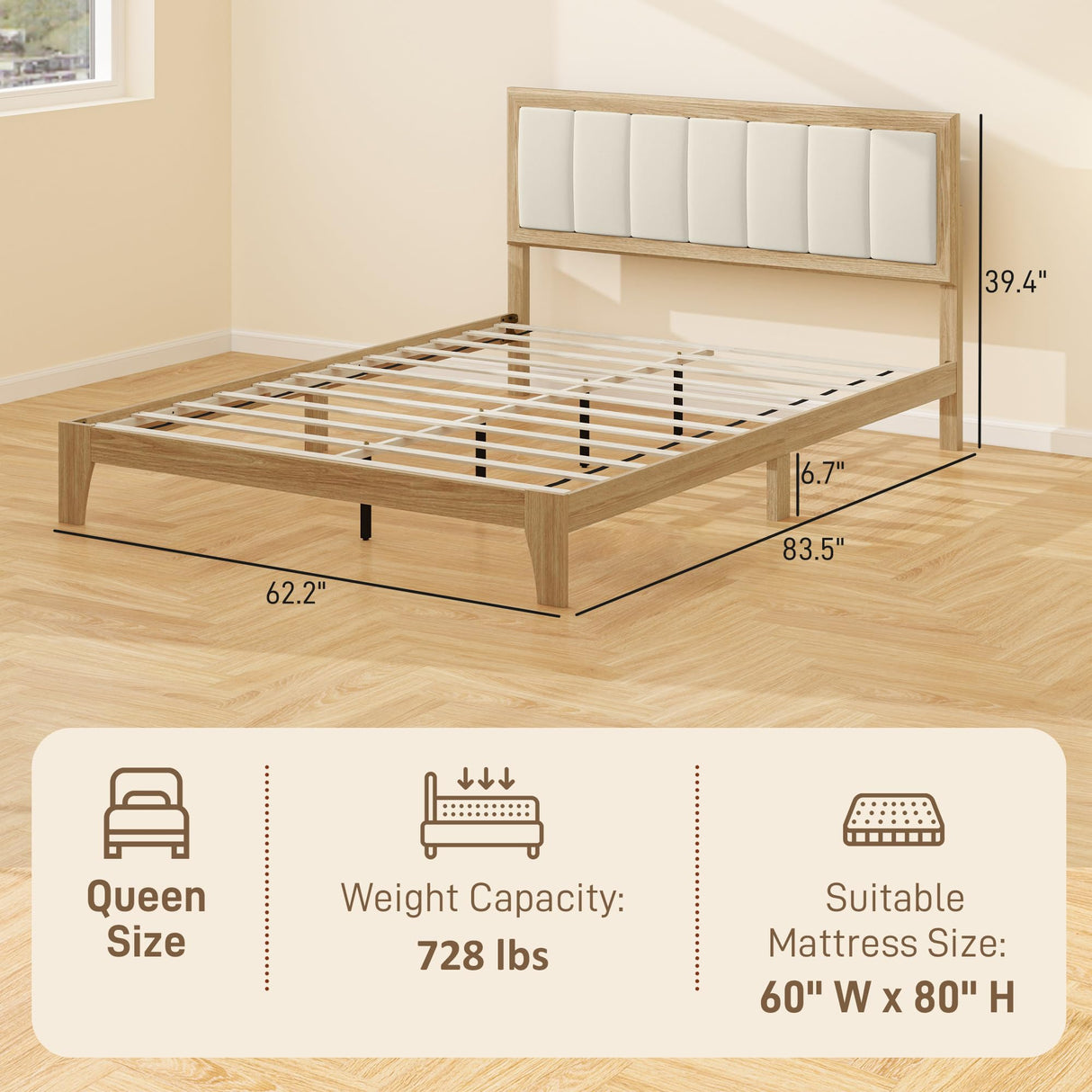 HOMCOM Queen Size Bed Frame with Upholstered Headboard, Platform Bed Frame with Wooden Slats, No Box Spring Needed, Easy Assembly, Oak HOMCOM