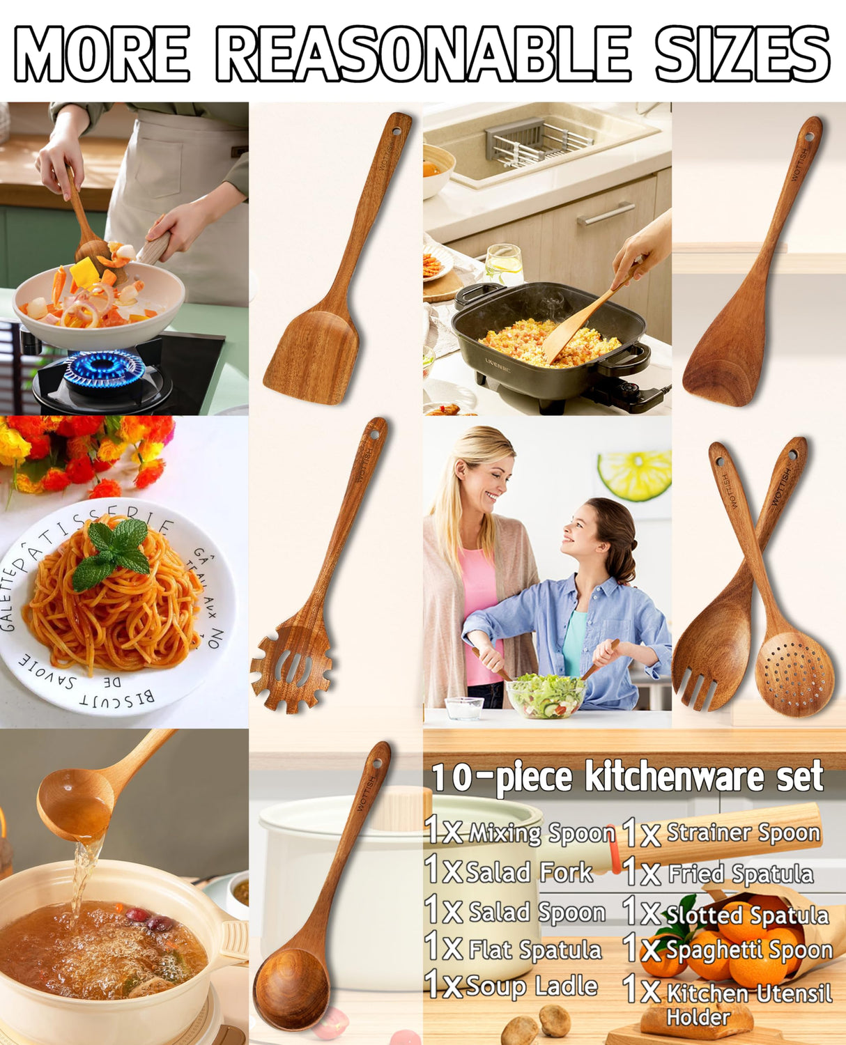 Wooden Spoons for Cooking,Wooden Utensil Set,Wooden Cooking Utensils,10-Piece Wooden Kitchen Utensil Set with Wooden Spoons(A10) WOTTISH