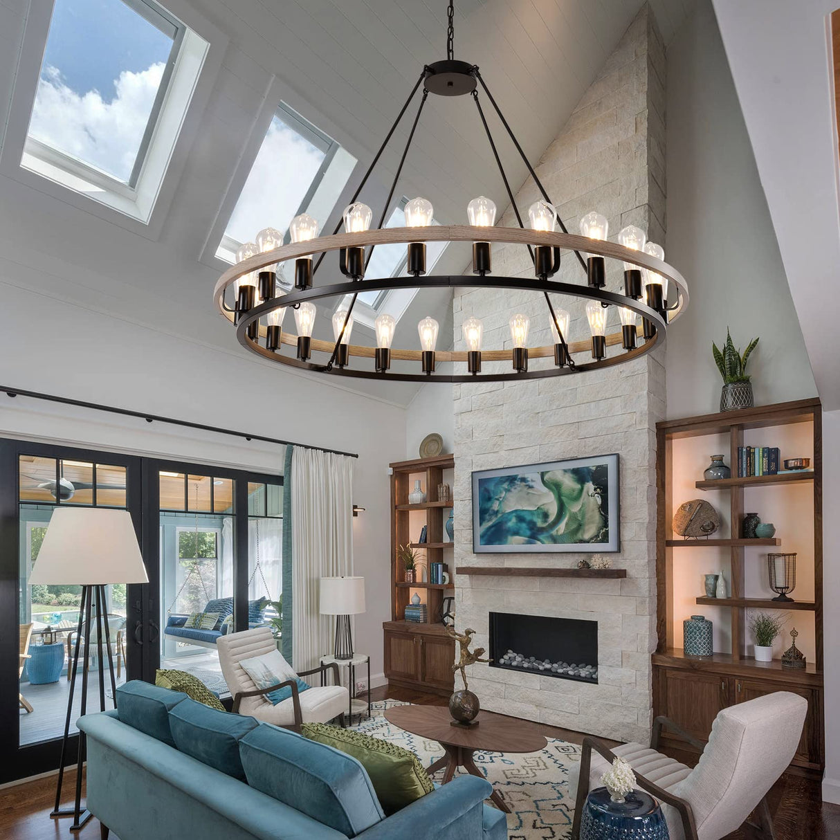 WOGON WEEL Wagon Wheel Chandelier 48-Inch 24-Light, Black and Oak Wood Tone Finish Round Rustic Farmhouse Chandelier Extra Large for High Ceilings, Living Room Foyer WOGON WEEL