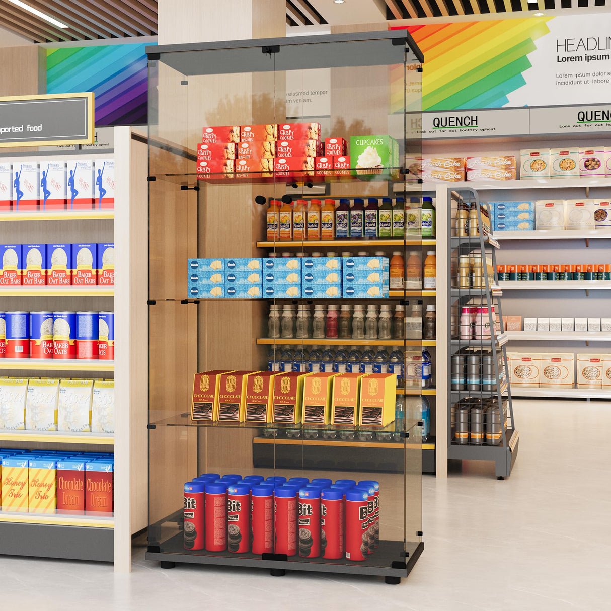 LFT HUIMEI2Y 4-Shelf Brown Glass Display Cabinet with Double Doors, Curio Cabinets Tempered Glass Floor Standing Bookshelf for Bedroom, Kitchen, Living Room 64”x 17”x 14.5” Black LFT HUIMEI2Y