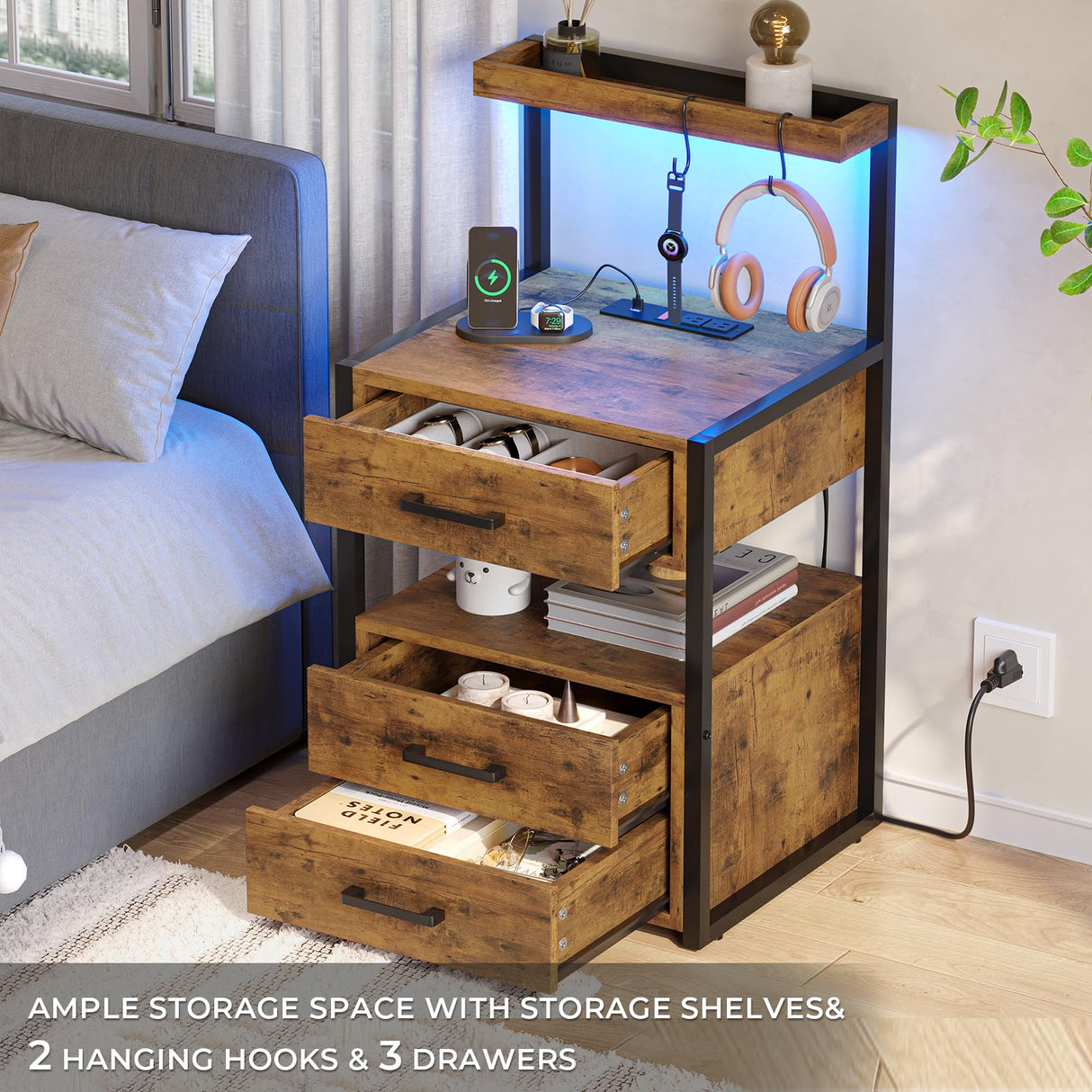 VIAGDO Led Nightstand with Charging Station, 3 Drawers Night Stands with Led Lights, Rustic Brown Bedside Tables with Storage Shelves, Modern End Side Tables for Bedroom, Office VIAGDO