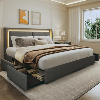 Queen Size Grey Upholstered Bed Frame with Storage, LED Lights & Wingback Headboard - LIMGLIM