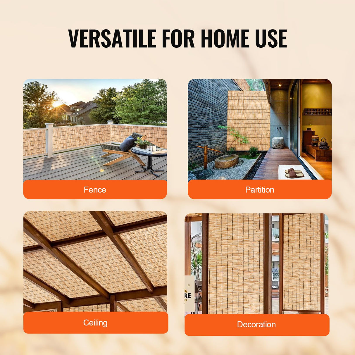 VEVOR Natural Reed Fencing, 4 ft x 16.4 ft, Reed Screen Curtain Balcony Reed Fence Roll for Outdoor Backyard Patio, Decorative Fence for Backyard Garden Fencing Divider, Privacy Screen Panel, Natural VEVOR