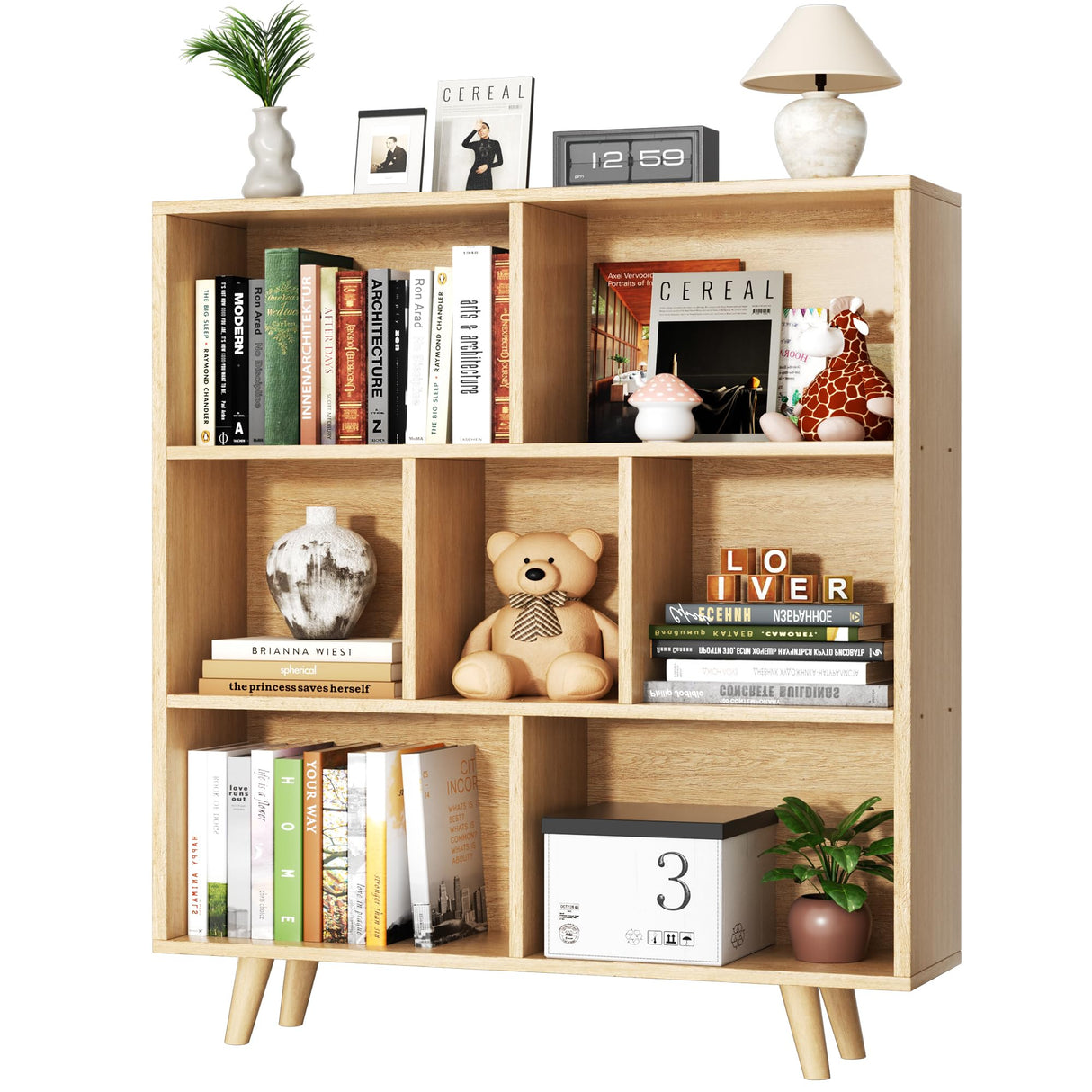 Shintenchi Wooden 7 Cube Bookshelf, 3 Tier Bookcase with Legs, Modern Open Storage Organizer Shelf,Display Cabinet Shelf Free Standing Bookshelves for Bedroom,Living Room,Office,Natural Shintenchi