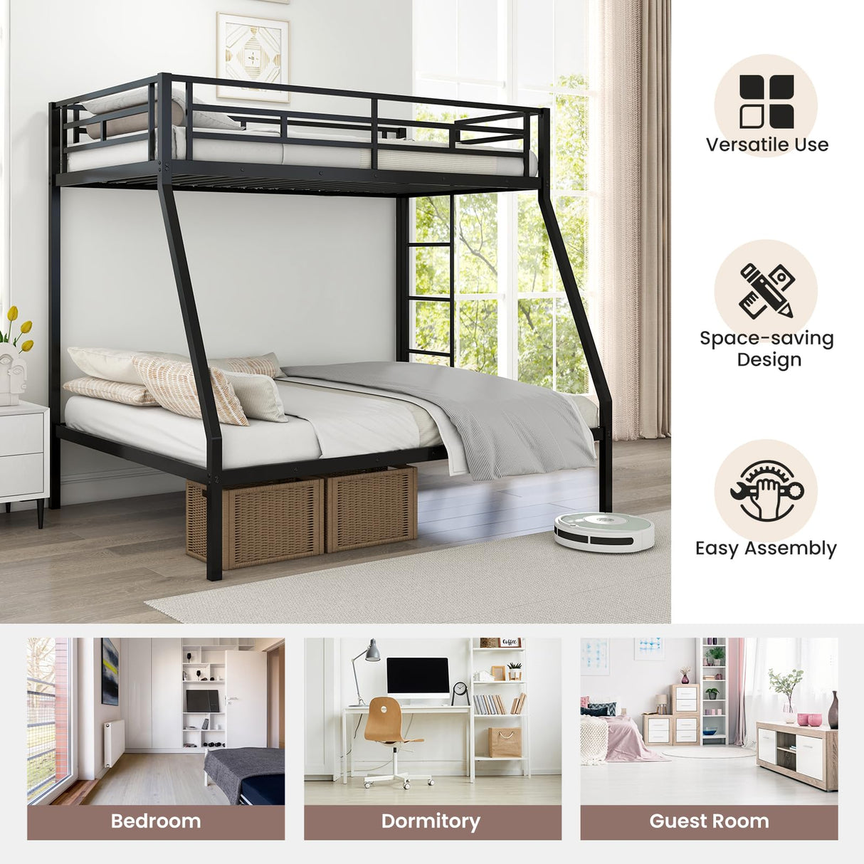 KOMFOTT Metal Twin Over Full Bunk Bed, Heavy Duty Bed Frame with Integrated Ladder, Full-Length Guardrails for Teens & Adults, Space-Saving Bunk Bed for Bedroom & Dorm, No Box Spring Required KOMFOTT
