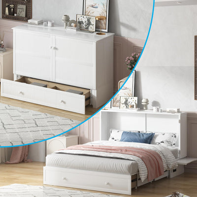 Mjkone Queen Murphy Bed, Cabinet Bed with Tri-fold Mattress/Built-in USB Charging Station/Drawers/Bedside Panel, Space Saving Hidden Adult Guest Beds, Murphy Chest Cabinet Beds for Bedroom - White