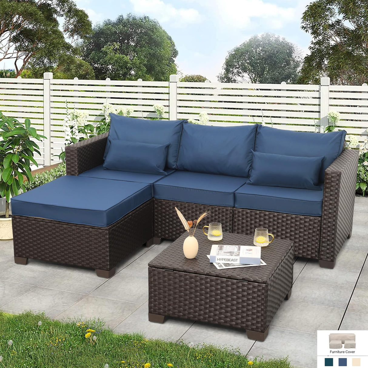 Patio Furniture Set 3 Pieces Outdoor Sectional Sofa Set Wicker Patio Furniture Outdoor Couch Outdoor Ottoman Coffee Table with Storage All-Weather Anti-Slip Cushions Waterproof Covers, Navy Blue Rattan Star