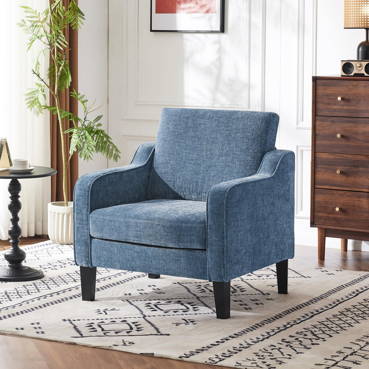 VINGLI Mid Century Modern Accent Chair,Navy Blue Chenille Chairs for Living Room Upholstered Armchair with Scooped Arms for Bedroom,Apartment,Studio,Office,Waiting Room VINGLI
