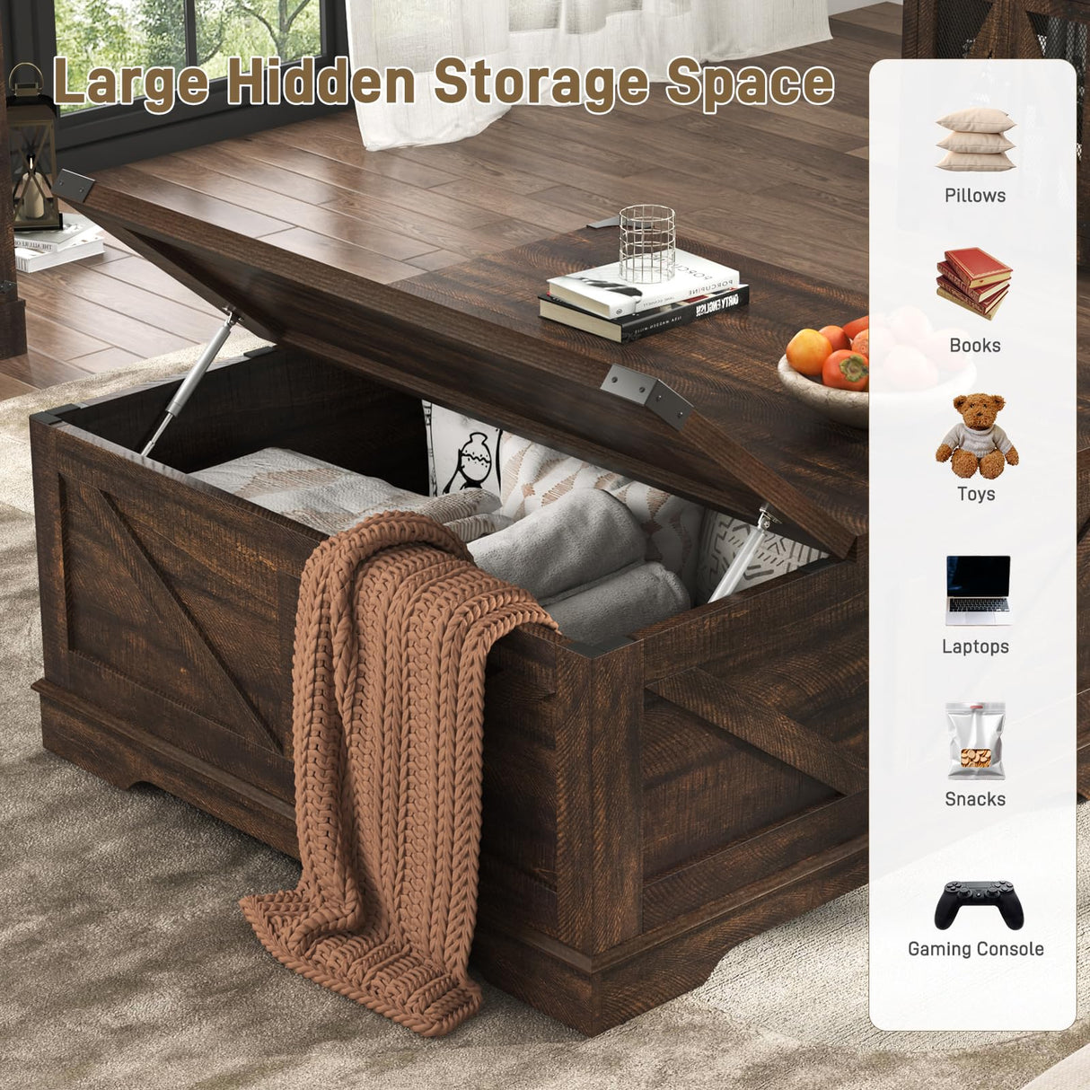 Hlivelood 40” Large Farmhouse Lift Top Coffee Table with Power Outlets and Large Hidden Storage, Square Wood Living Room Tables, Multi-Function Lift Wooden Barn Door Center Table, Brown Hlivelood