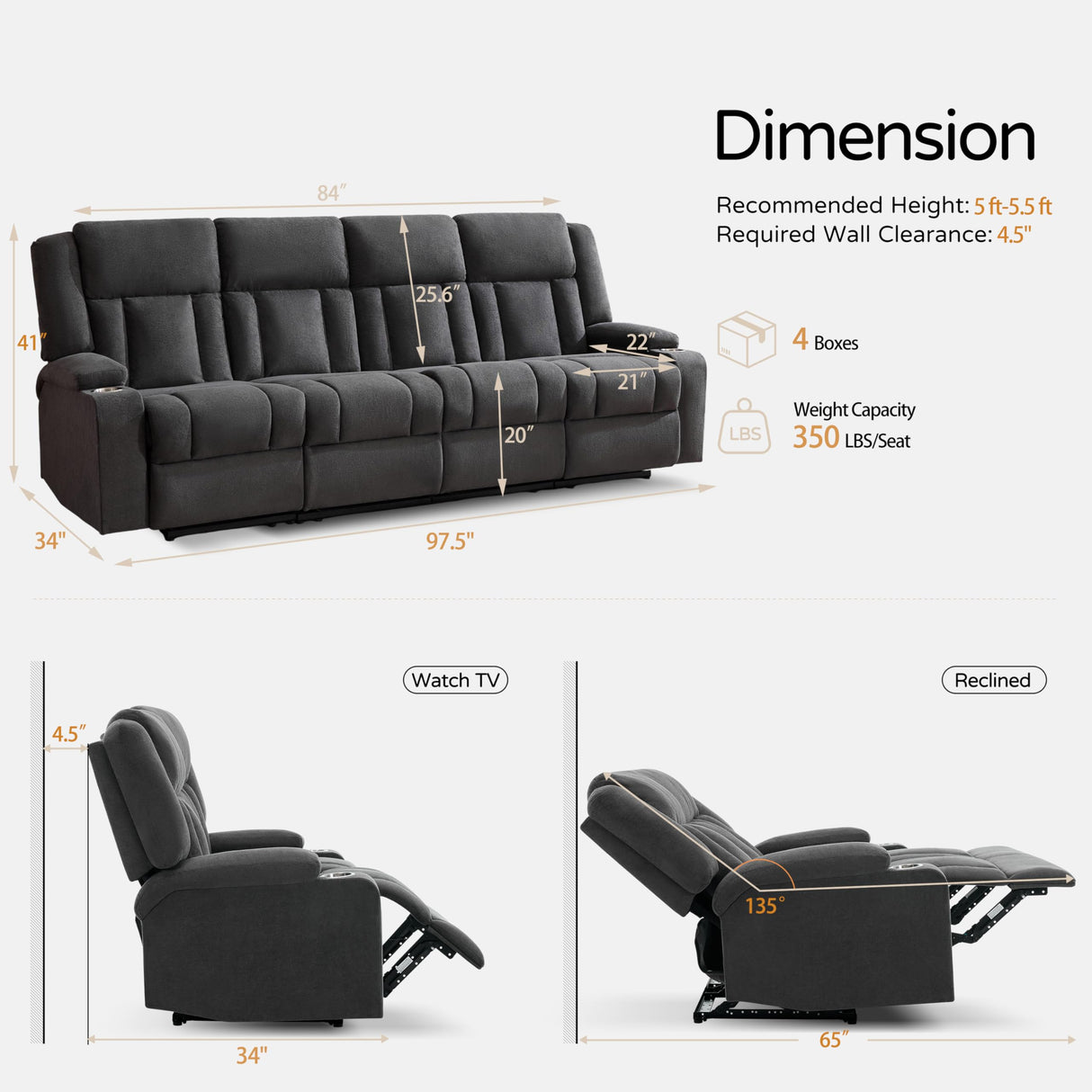 AIWOEN Recliner Sofa with Cup Holders, 4-Seater Fabric Reclining Couch, Manual Recliner Wall Hugger for Living Room, Home Theater (Dark Gray) AIWOEN