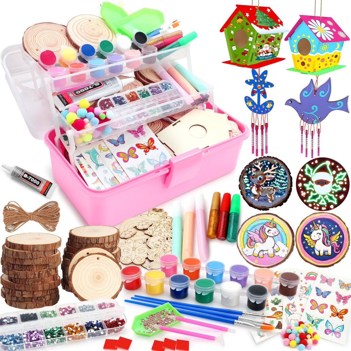 Luucio Wooden Painting Craft Kit - Glow in The Dark Wood Slices Crafts and Birdhouse Ornaments, Creative Art Toys for 5, 6, 7, 8, 9, 10, 11, 12 Year Old Kids, Christmas Gifts Ideal Luucio