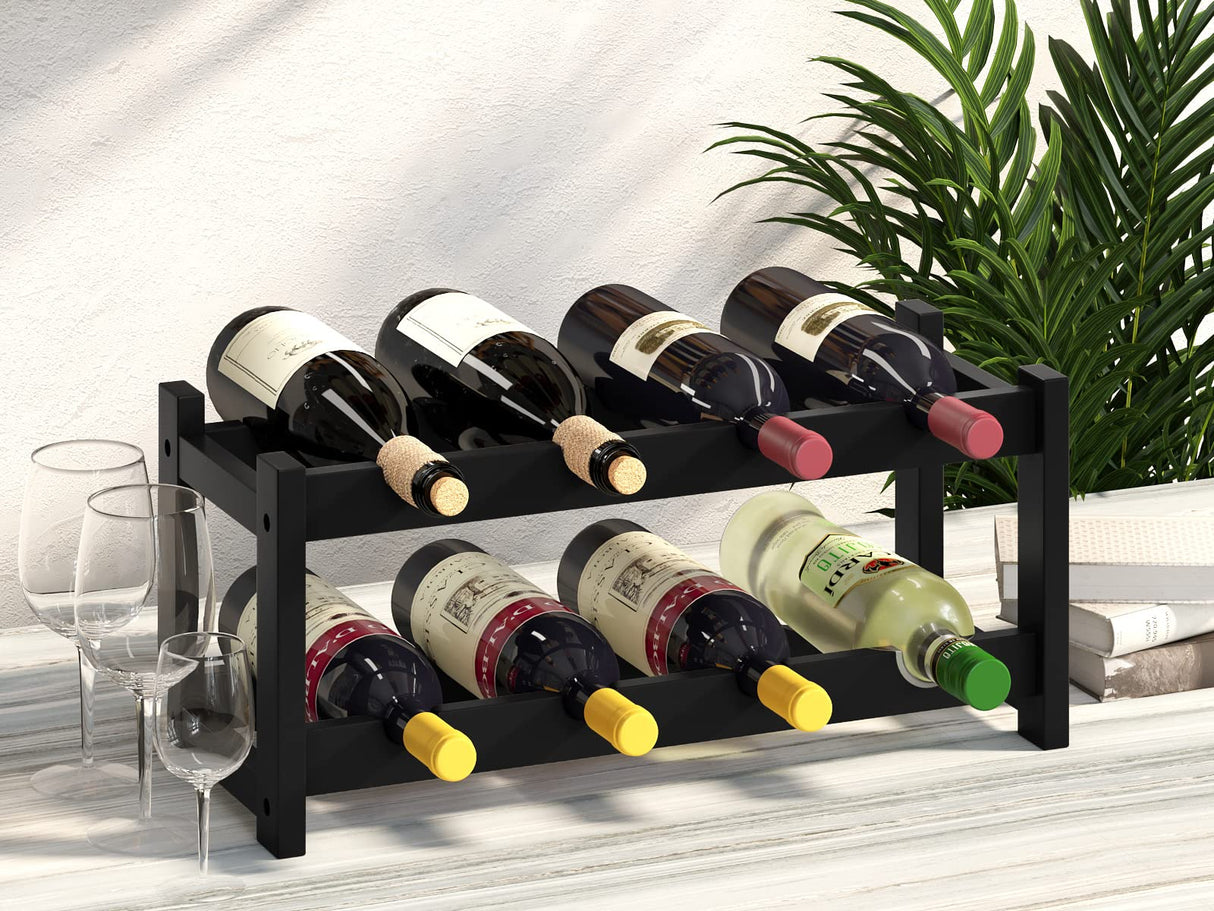 BAMEOS Wine Rack Freestanding 8 Bottle 2 Tier Bamboo Wine Racks Countertop Cabinet Wine Holder Wine Storage Shelf for Kitchen, Bar, Pantry, Wine Cellar, Countertop Black (16.85 L x 9.25W x 7H) BAMEOS