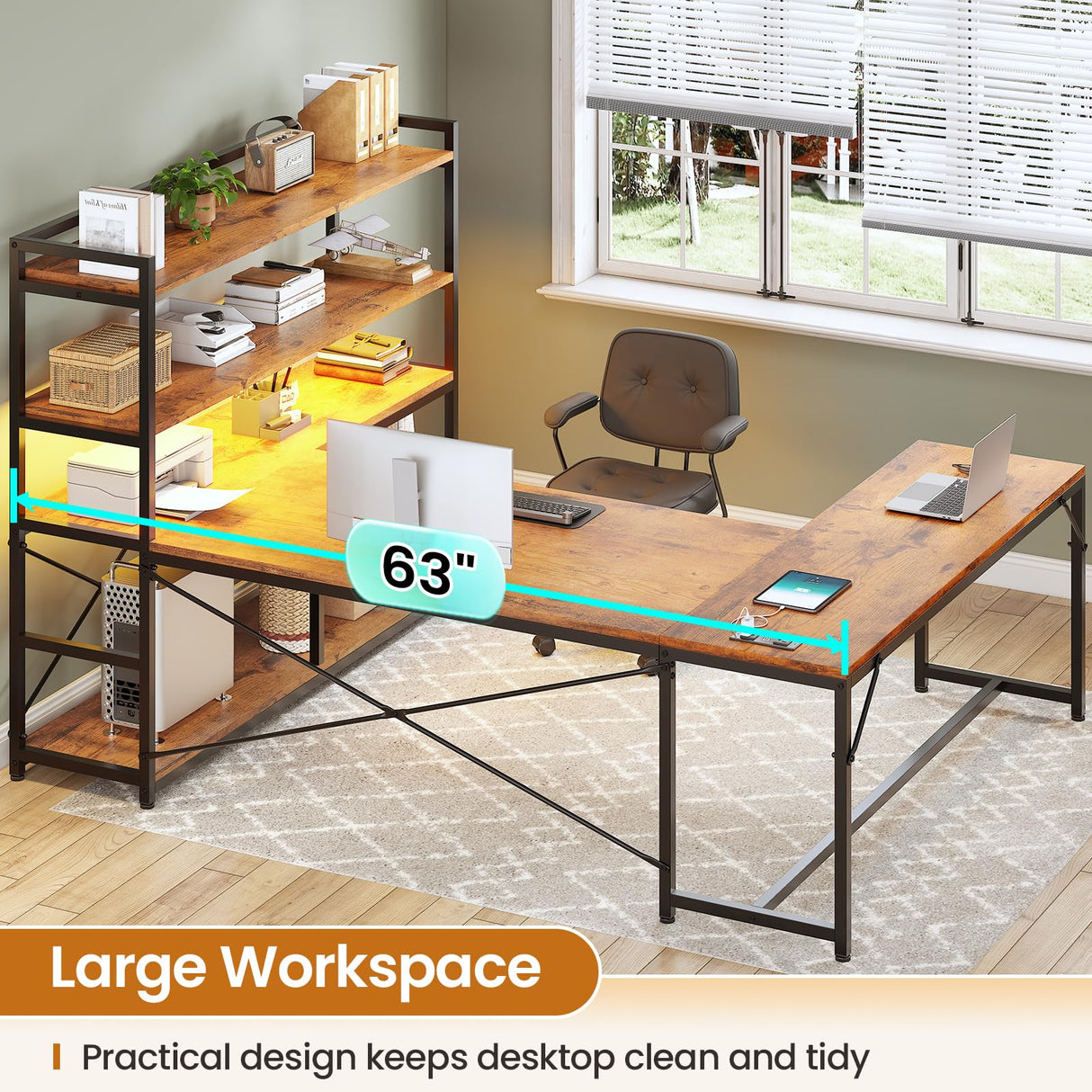 SEDETA L Shaped Desk with Storage Shelves, 63” Reversible U Shaped Office Desk, Gaming Desk with Power Outlet and LED Lights for Home Office, Rustic Brown SEDETA