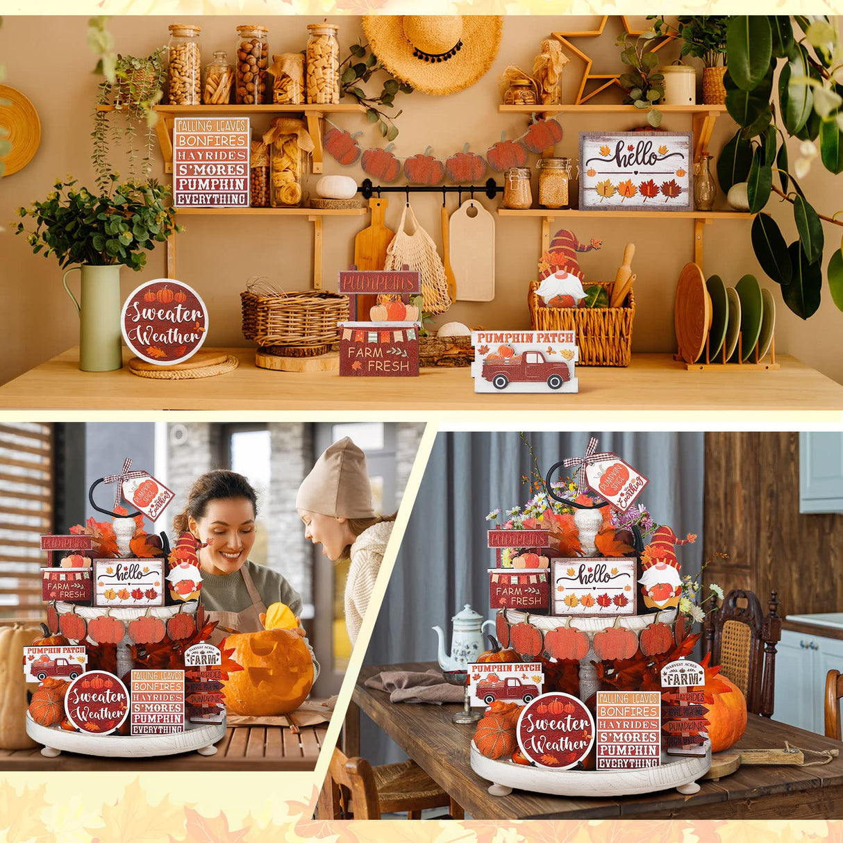 Amyhill 13 Pcs Fall Thanksgiving Tiered Tray Decor Set Pumpkin Maple Gnome Wooden Signs Hello Fall Table Centerpieces Farmhouse Tabletop Decorations for Home Autumn Harvest Shelf Table Amyhill