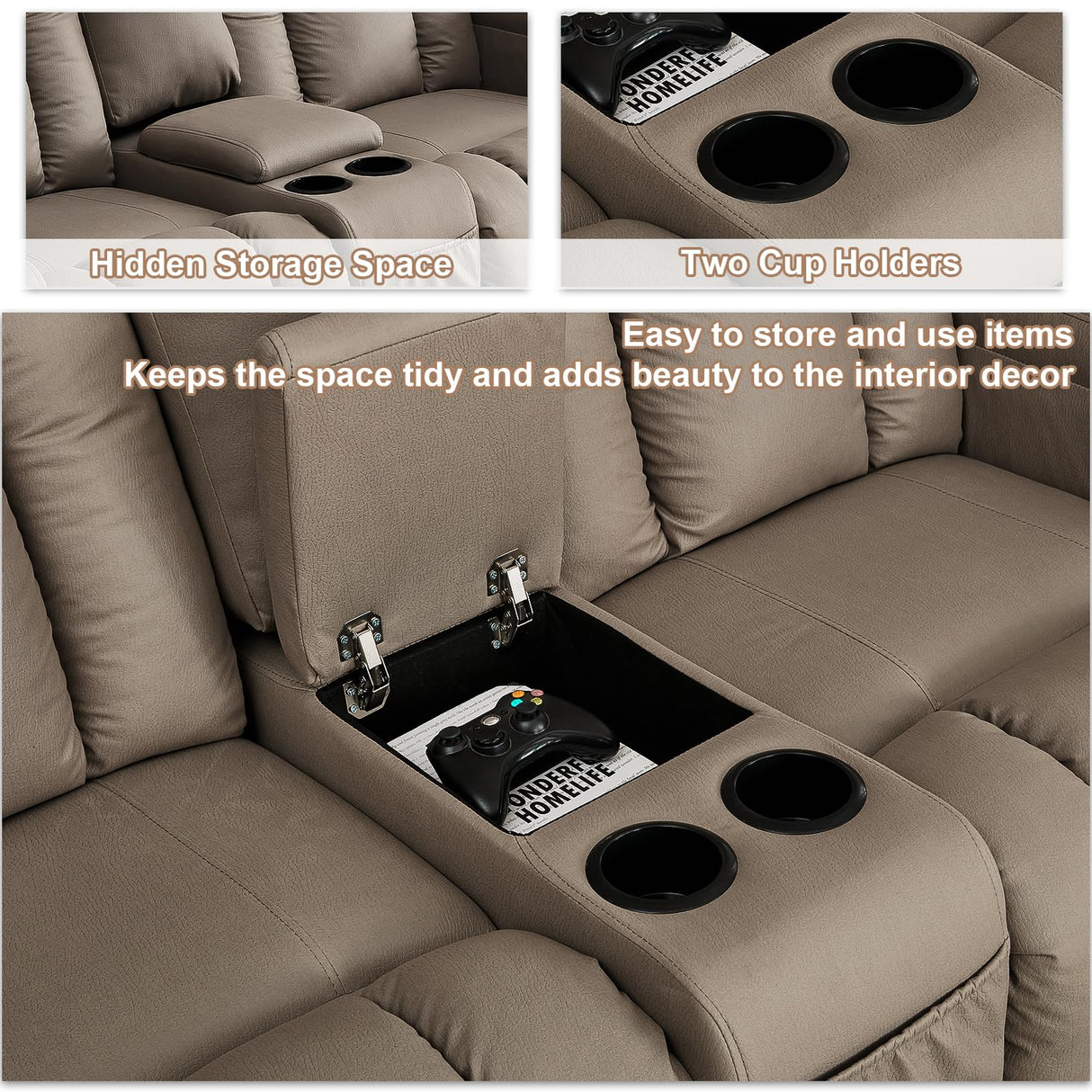 SAMERY 65.5" RV Loveseat Recliner Double Recliner RV Sofa & Console | Wall Hugger Loveseat Reclining RV | RV Theater Seats | RV Couch | RV Home Theater Seating Furniture (Fabric Khaki) SAMERY