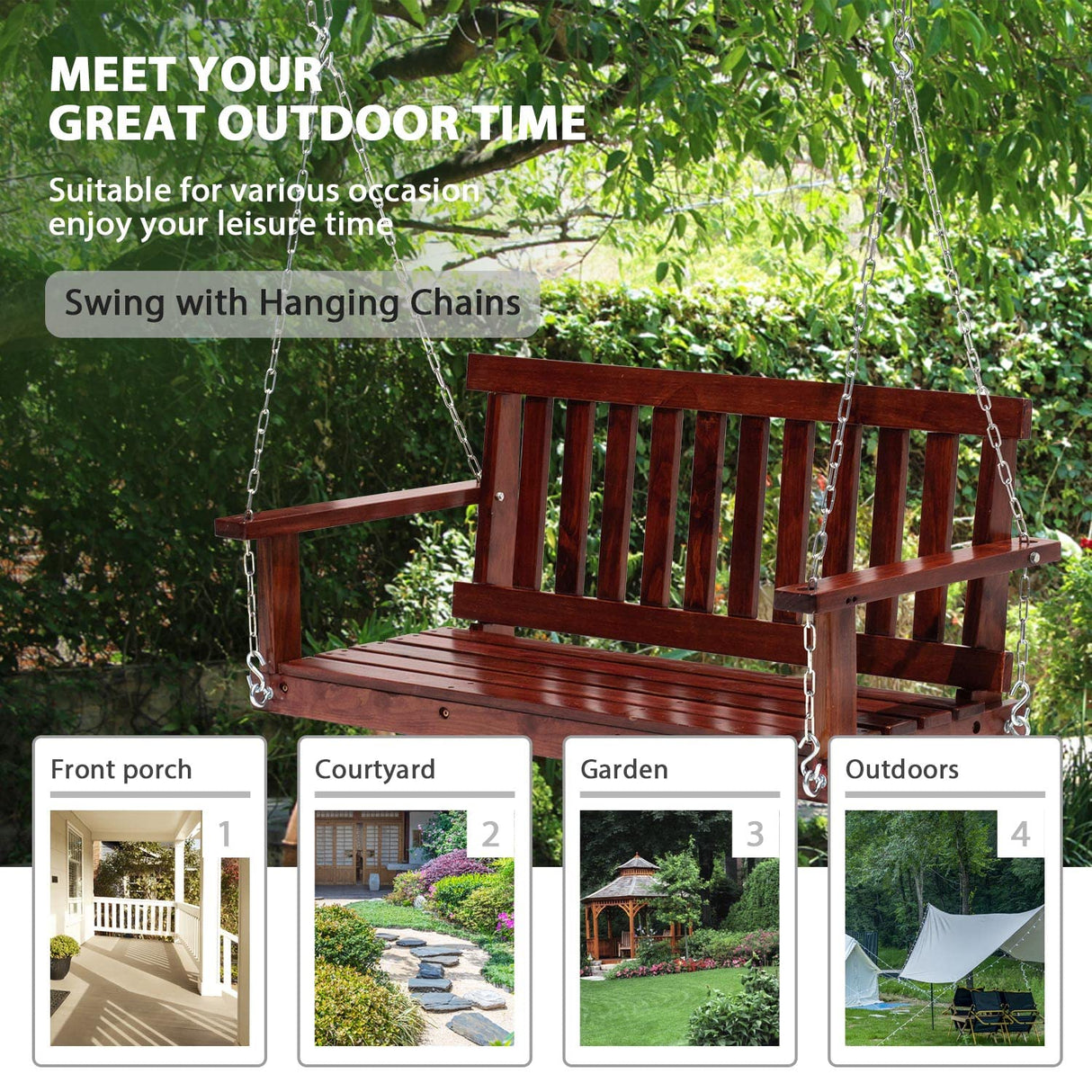 Wooden Porch Swing Chair, 4 FT Patio Swing Seat Hanging Chair Outdoor, Waterproof Swinging Chair Backyard Swings for Adults/Kids, Bench Swings for Outside, w/Mounting Chains, 800 lbs Capacity BORGEBY