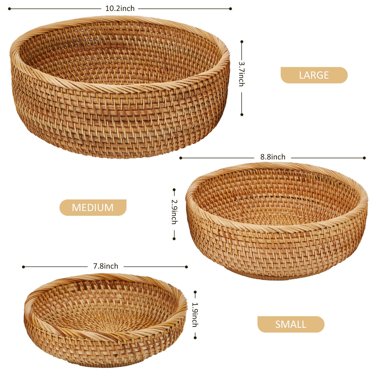 Whalehub Natural Rattan Round Fruit Basket Bowls, Hand Woven Decor Serving Baskets, Wicker Storage for Dinning Room (Round-Small) Whalehub