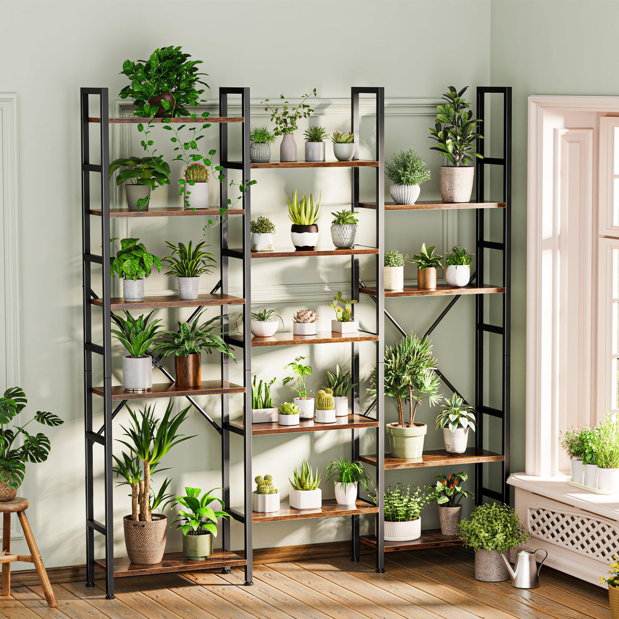 SUPERJARE Triple 6 Tier Bookshelf, Bookcase with 17 Open Display Shelves, Wide Book Shelf Book Case for Home & Office, Rustic Brown SUPERJARE
