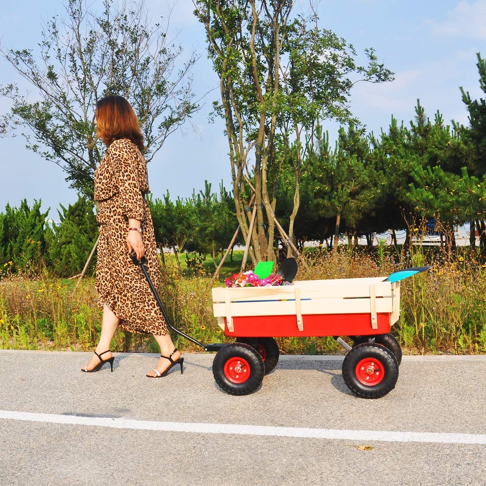 ZeHuoGe Outdoor Sport Wagon All Terrain Pulling w/Removable Wooden Side Panels Air Tires Big Foot Panel Wagon 330 lbs. Weight Capacity Sturdy All Steel Wagon Bed ZeHuoGe