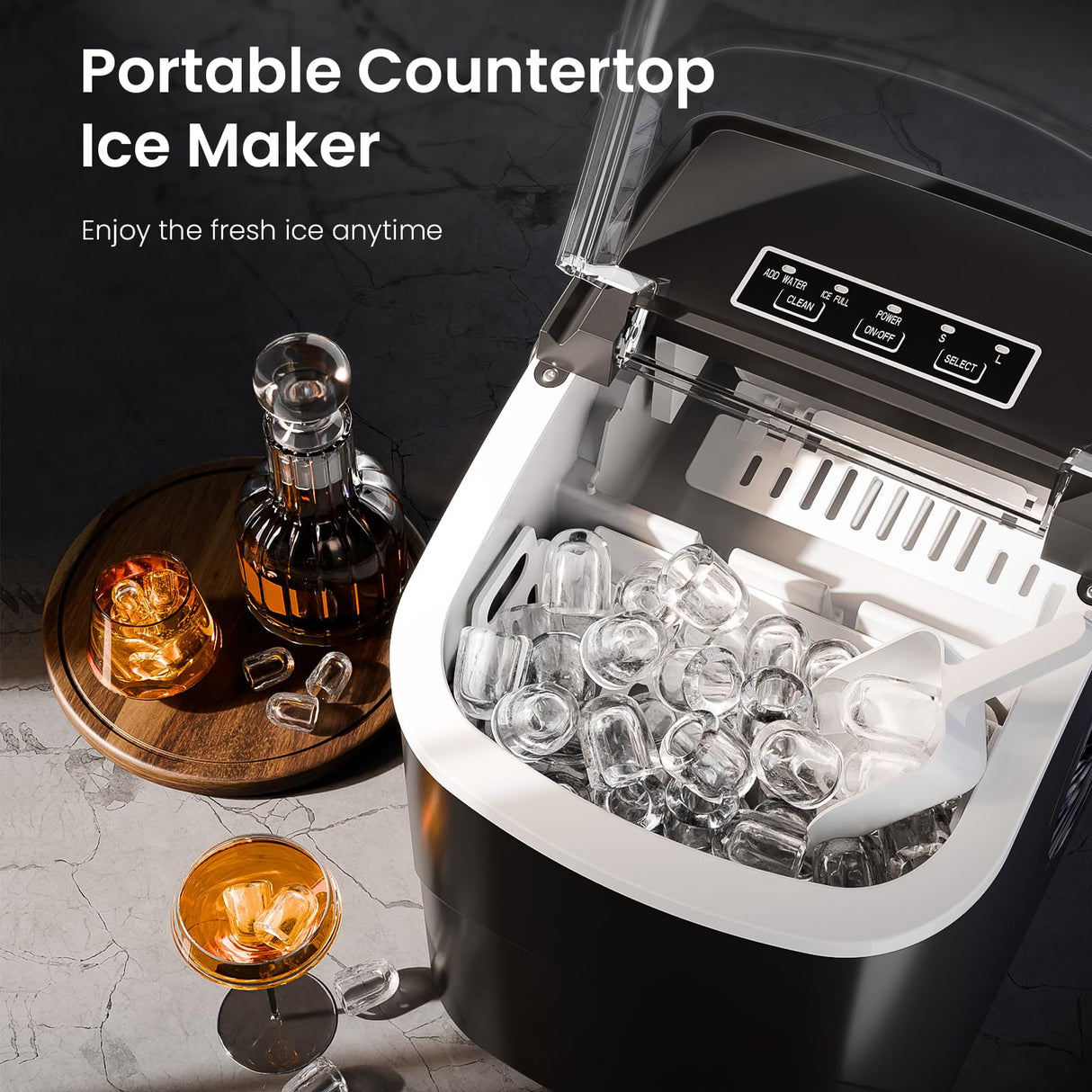 AGLUCKY Ice Makers Countertop with Handle,26.5Lbs/24H,9 Cubes in 6 Mins,2 Sizes of Bullet Ice,Portable Machine with Self-Cleaning,Perfect for Home Kitchen(Black) AGLUCKY