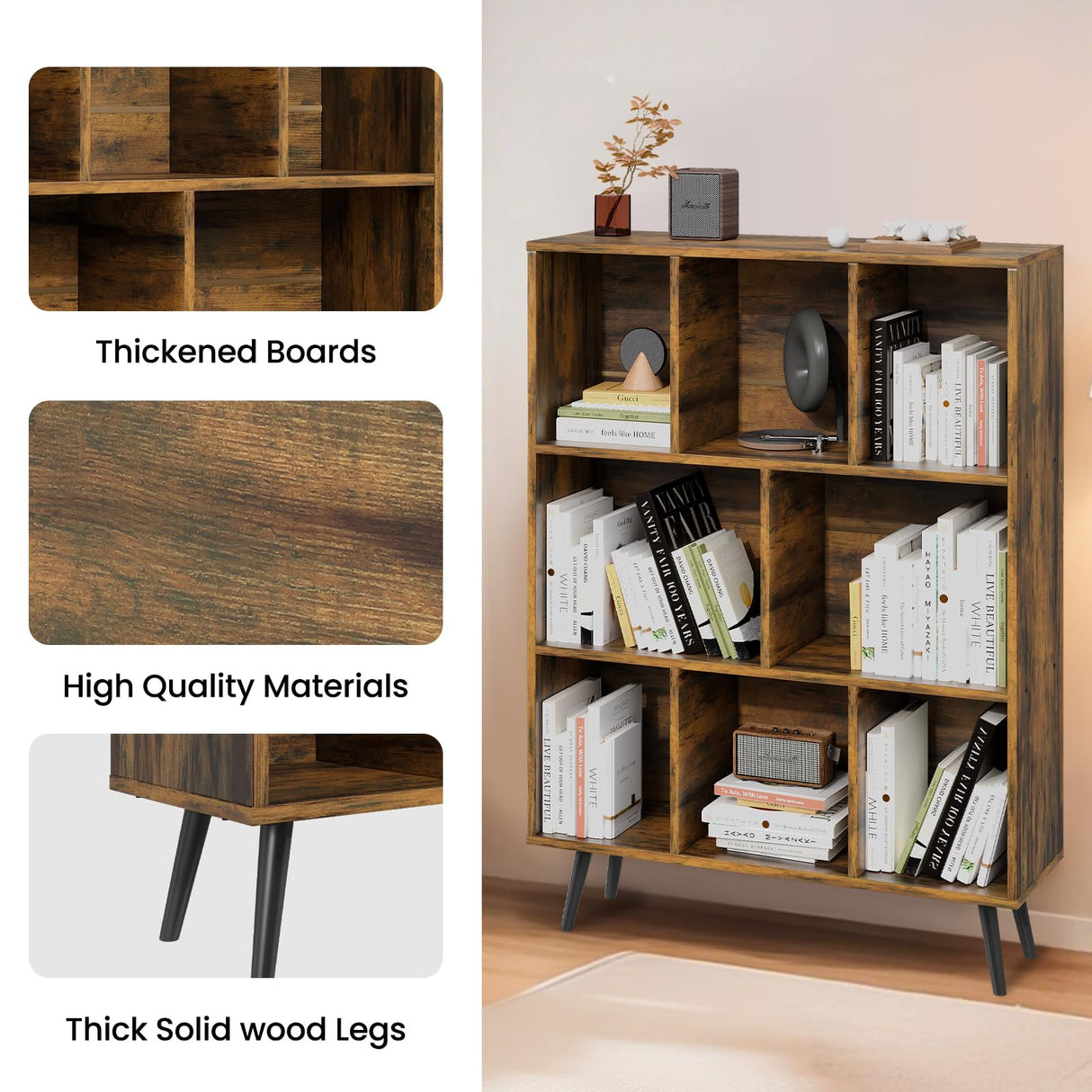 GRUSIGN 8 Cube Bookshelf 3 Tier Mid-Century Rustic Brown Modern Bookcase with Legs,Retro Wood Book Shelf Storage Organizer Shelf,Freestanding Organizer Display Shelf for Bedroom,Living Room,Office GRUSIGN