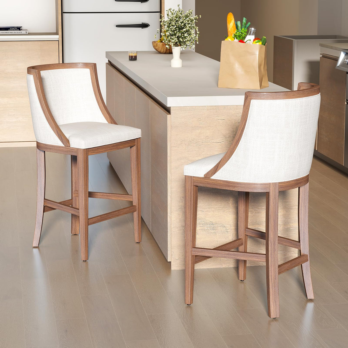 Kmax 26” Counter Height Bar Stool Set of 2, Farmhouse Upholstered Fabric Barstools with Curved Back and Solid Wood Legs, 20.5” W Bar Chair Counter Stool for Kitchen Island, Beige Kmax