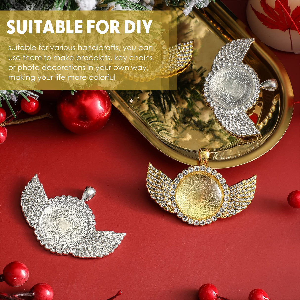 Hicarer 60 Pcs Sublimation Angel Wing Jewelry Blanks Set Rhinestone Bezel Pendant Trays Glod and Silver Sublimation Necklace Blank with Chain for Valentine's Days Making Crafts Wedding Jewelry Gifts Hicarer