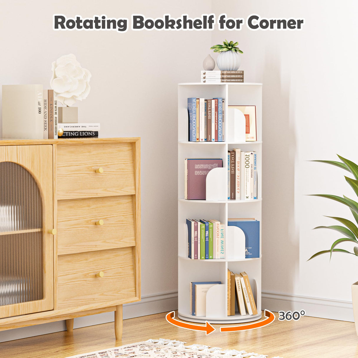 upsimples Rotating Bookshelf, 360° Display Corner Shelf for Book, 4 Tier Floor Standing Spinning Bookcase, Narrow Storage Rack for Kids Room, Bedroom, Living Room, White upsimples