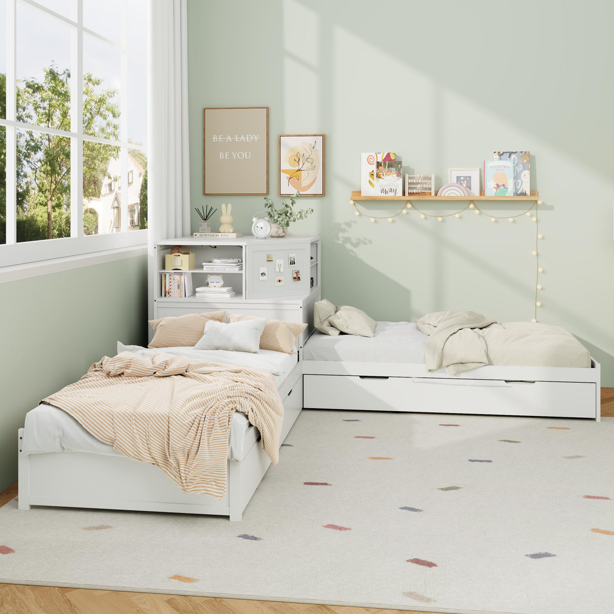 Merax L-Shaped Combination Twin Bed Frame with Trundle,Drawer,Built-in Desk,3-in-1 Design for Bedroom Merax