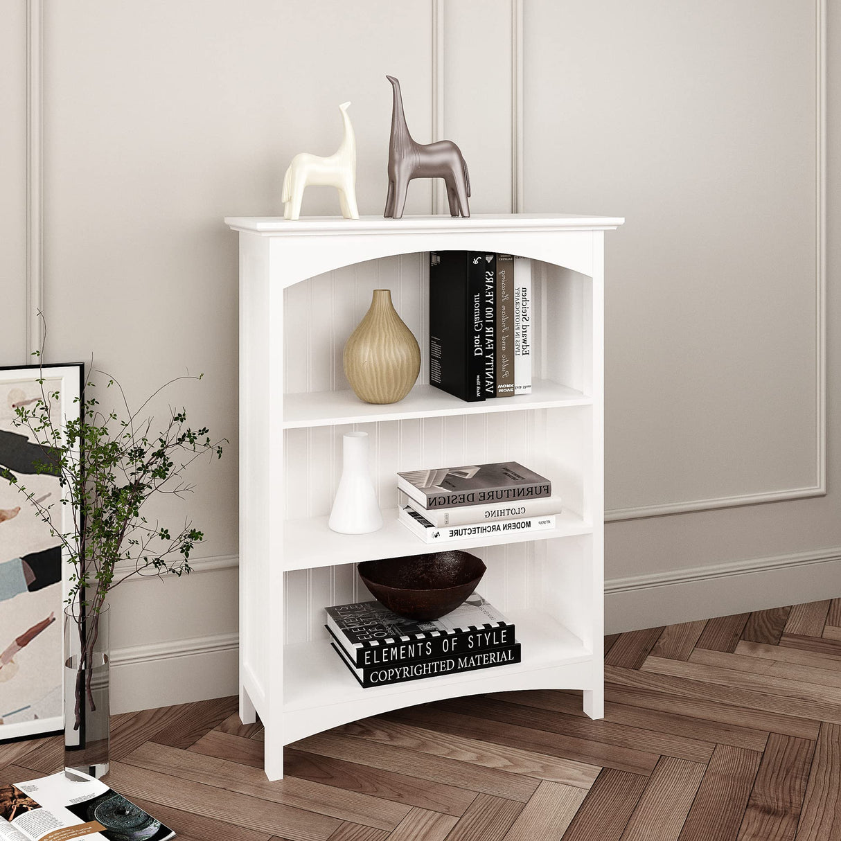 eHemco 3 Tier Bookcase with 2 Arched Supports, 40 Inches, White eHemco