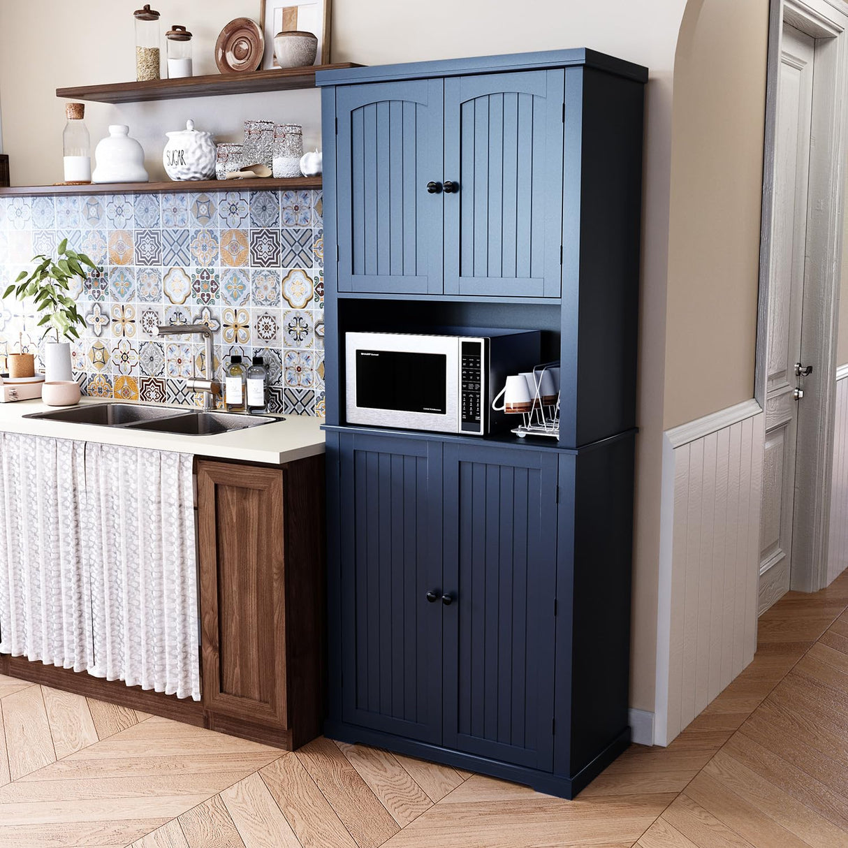 HLR 72" Kitchen Pantry Storage Cabinet, Freestanding Larder Cupboard, Kitchen Hutch Cabinet with Microwave Stand,Utility Pantry with Doors and Shelves for Dining Room, Living Room, Laundry HLR