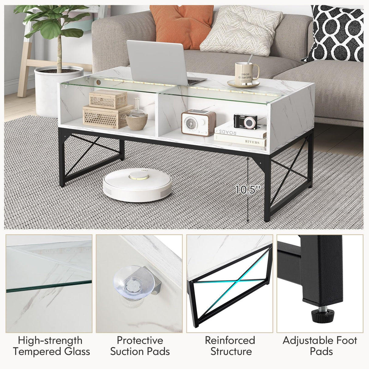 Giantex LED Coffee Table, High Gloss Coffee Tables with 4 Storage Cubes, 20-Color Lights, Remote Control, Faux Marble & Tempered Glass Top, Modern Accent Rectangle Center Table for Living Room (White) Giantex