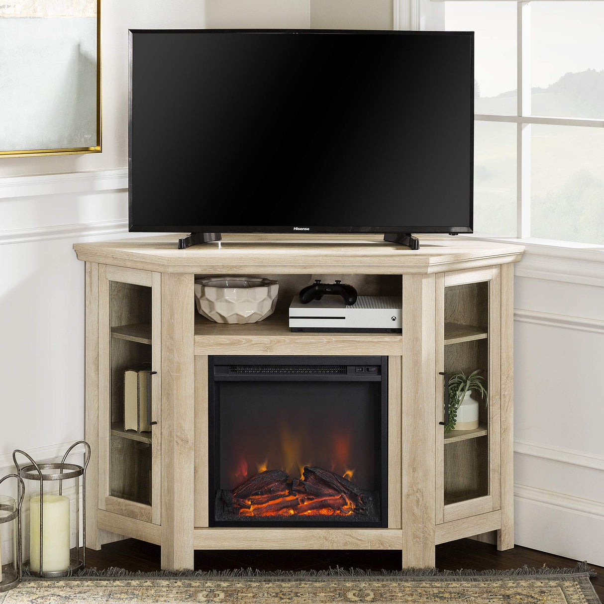 Walker Edison Alcott Classic Glass Door Fireplace Corner TV Stand for TVs up to 55 Inches, 48 Inch, White Oak Walker Edison