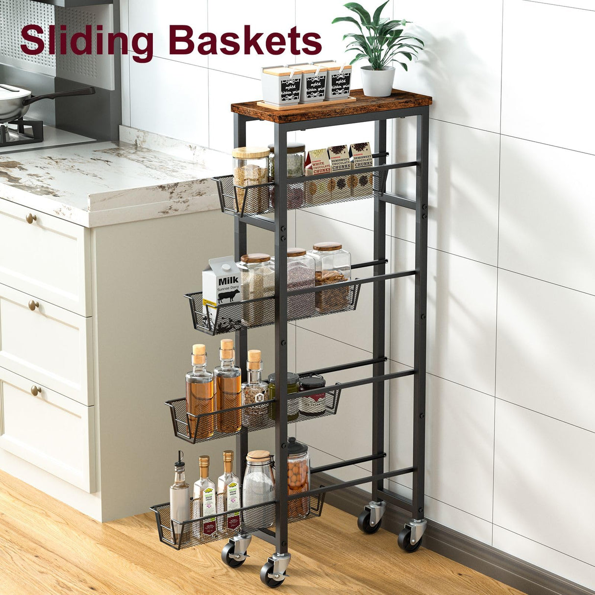 Honest Slim Storage Cart 4-Tier Slim Rolling Cart with Metal Frame and Wooden Top, 6.3 Inches, Storage Cart for Kitchen, Dining Room, Living Room, Bathroom, Home Office, Rustic Brown and Black HONEST OUTFITTERS