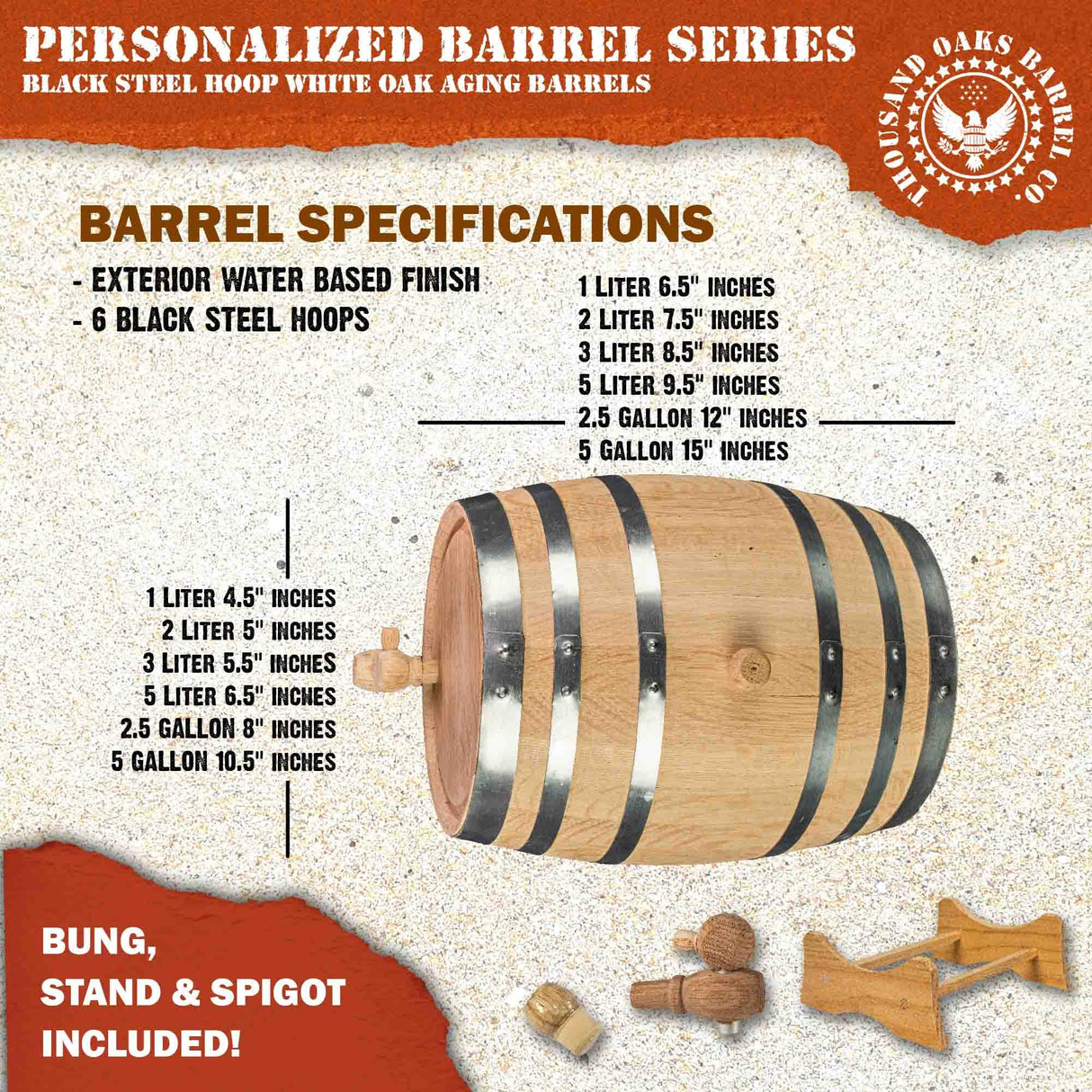 Personalized 10 Liter Oak Wine Barrel (2.5 gallon) with Stand, Bung, and Spigot | Small Wine Barrels for Home Aging | Engraved Custom Wine Barrel THOUSAND OAKS BARREL