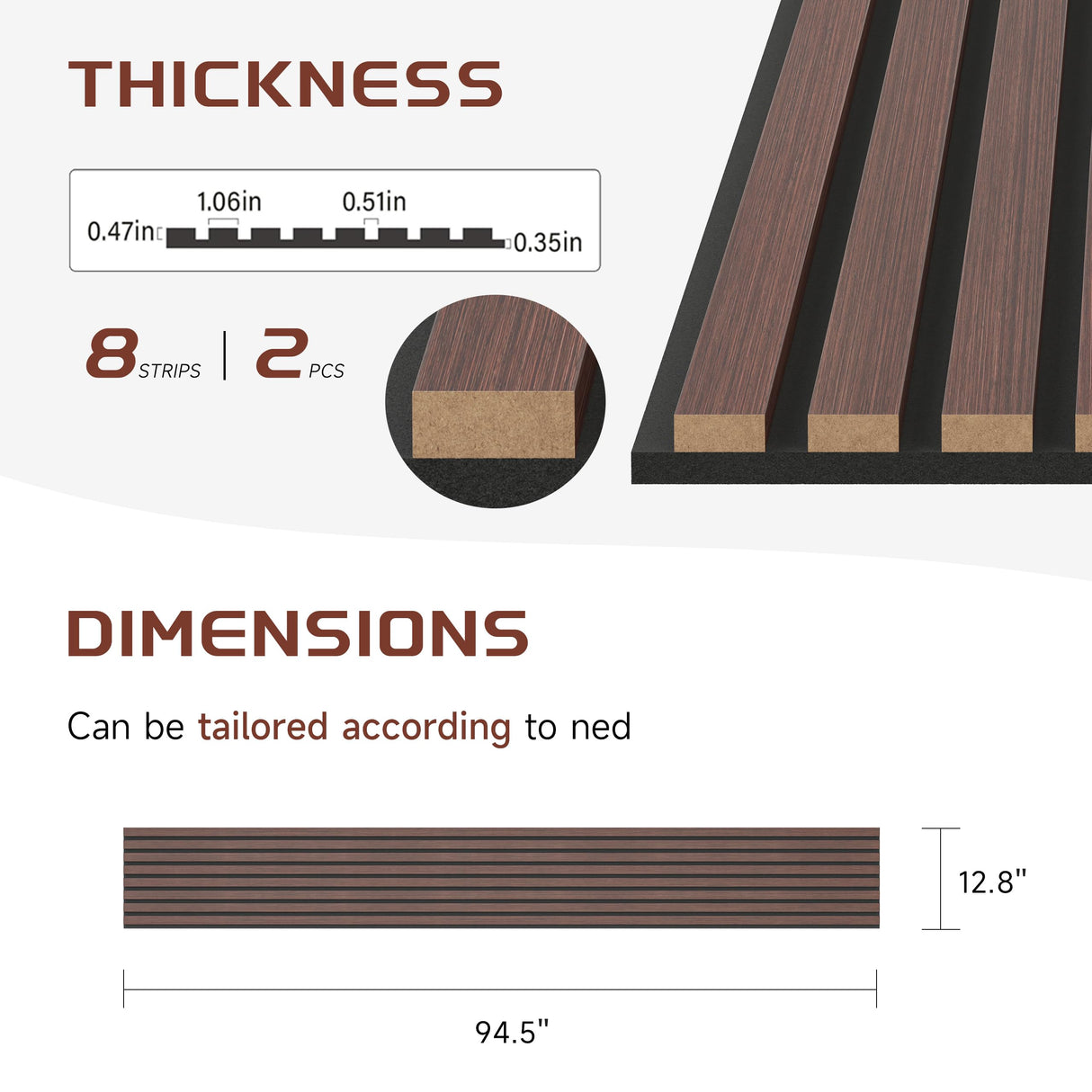 POHARE Wood Slat Wall Panels, 2 Pack 8 x 1 ft Decorative Wood Panels for Wall,Stylish Wall Panels for Interior Wall Decor, Modern Acoustic Wood Wall Panels with Felt Backing, Walnut POHARE