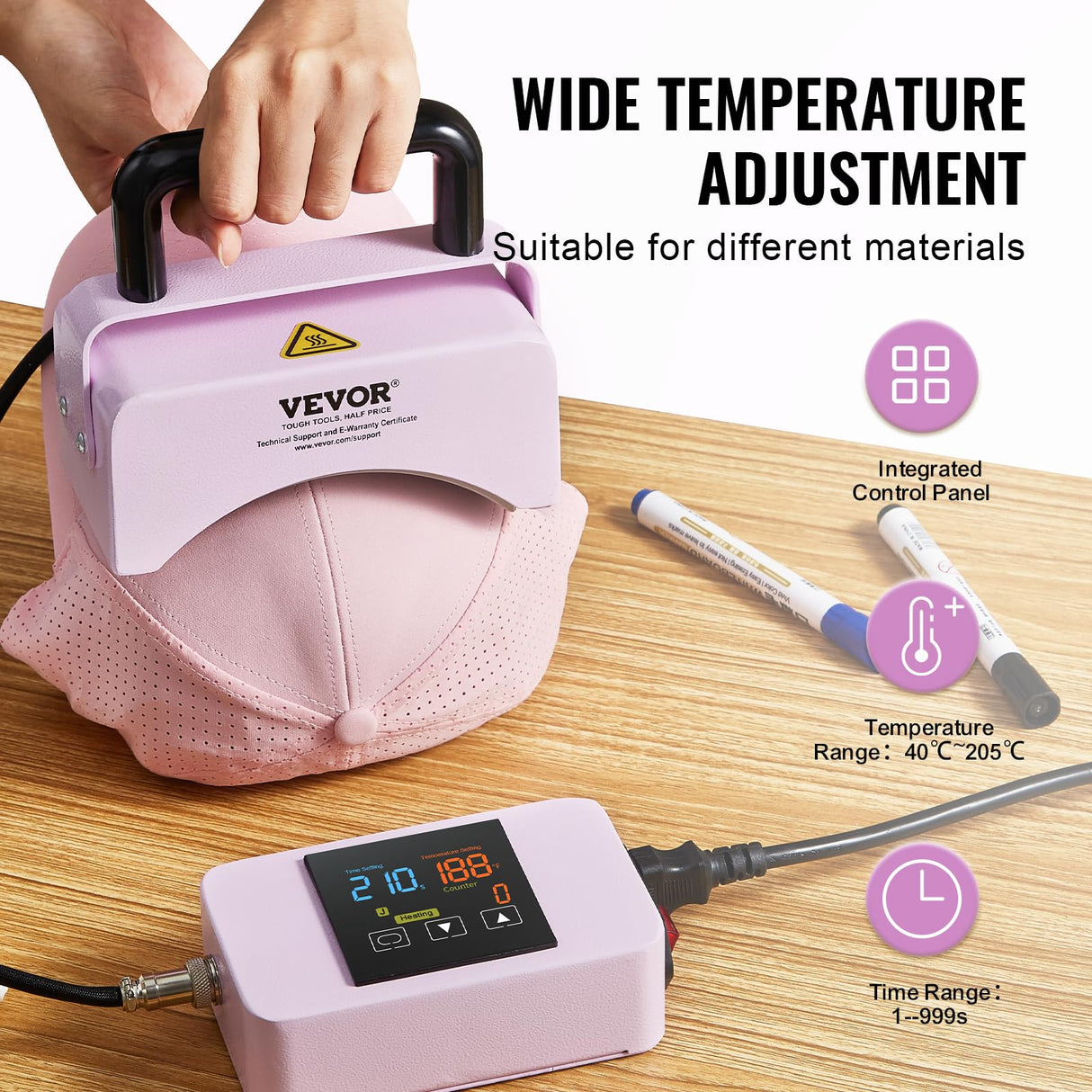 VEVOR Hat Press Machine, Mini Hat Heat Press for Caps with Integrated Control Panel, Cap Heat Press Machine with 5.9x3.15 inch Curved Heating Plate, Safety Base, and Glove, Automatic Shut-Off, Purple VEVOR