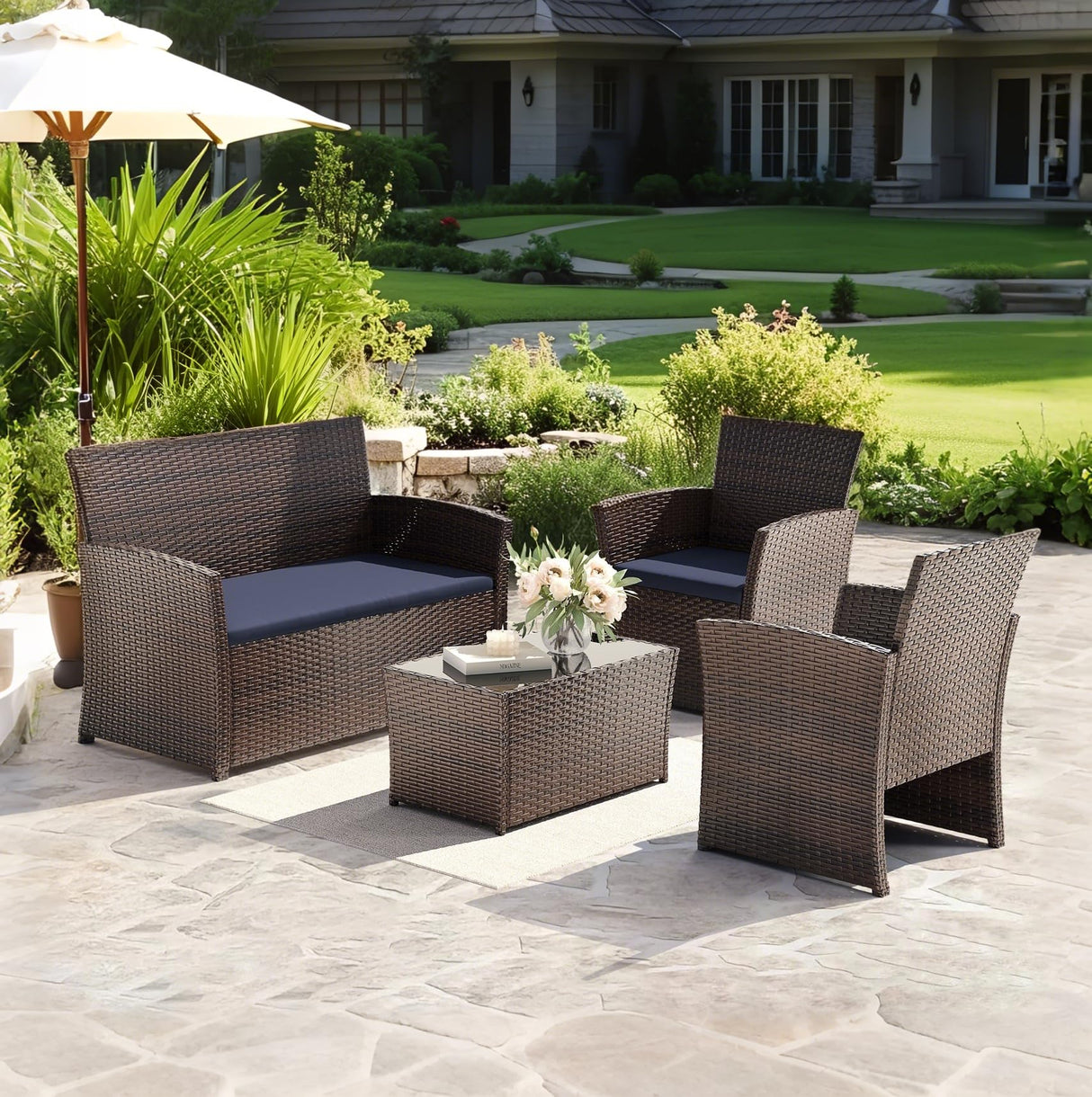 LUCIMUNDI 4 Piece Outdoor Patio Furniture Set, All-Weather Wicker Conversation Sets Include Coffee Table, Armchair, Loveseat, Sectional Furniture for Indoor Outdoor Backyard Pool Garden (Brown & Blue) LUCIMUNDI